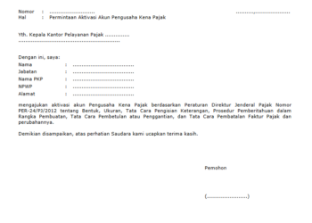 Surat Permohonan Aktivasi Akun Pengusaha Kena Pajak (PKP)